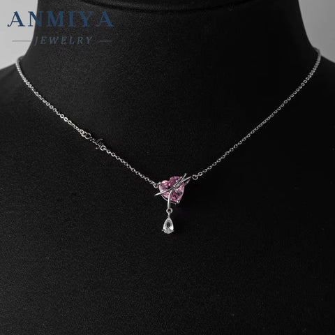 ANMIYA Fashion Jewelry Pink Heart Zircon Charm 925 Sterling Silver Necklace for Girlfriend Girl