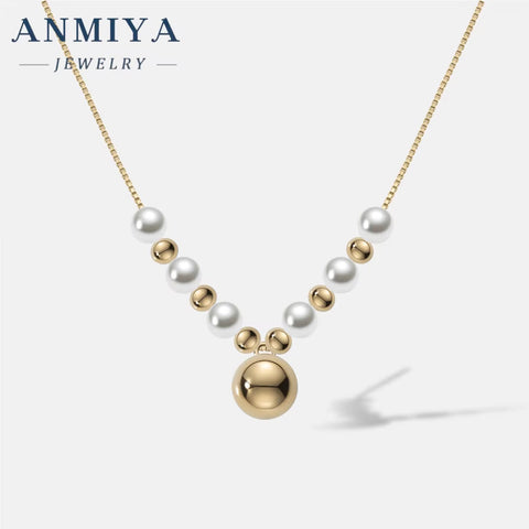ANMIYA 18K Gold Plated 925 Sterling Silver Chain Beads Necklace Freshwater Cultured Pearl Necklace for Women Girls
