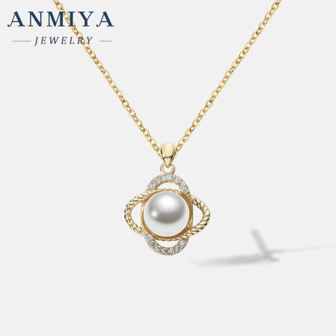 ANMIYA Four Leaf Clover Single Fresh Water Pearl Shape Flower 925 Silver Jewelry Necklace for Women Fashion