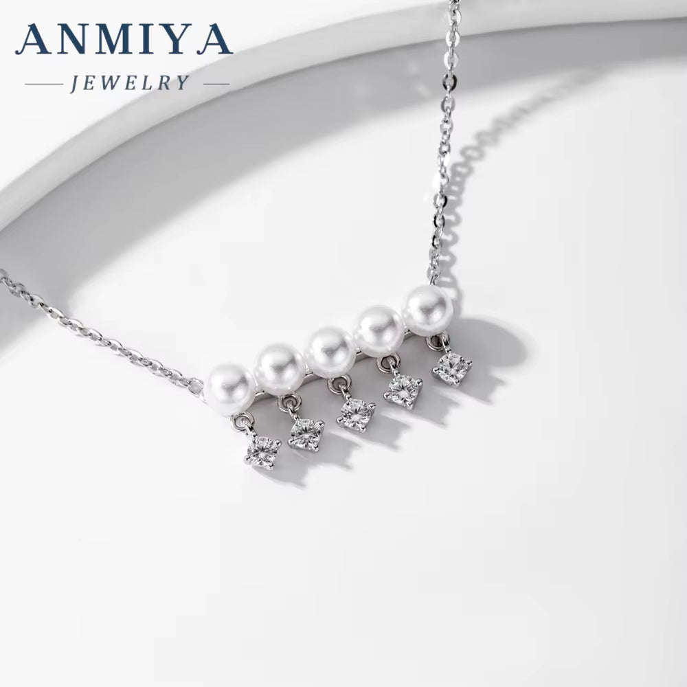 ANMIYA Fashion Chains One-Line Shape Fresh Water Pearl Collarbone Necklace 925 Sterling Silver Necklace