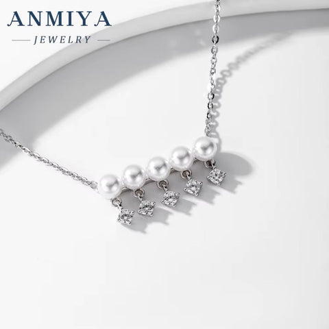 ANMIYA Fashion Chains One-Line Shape Fresh Water Pearl Collarbone Necklace 925 Sterling Silver Necklace