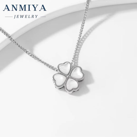 ANMIYA 925 Sterling Silver Exquisite Necklace Women Elegant Wedding Accessory Hollow Flower Four Leaf Clover Cute Style Zircon