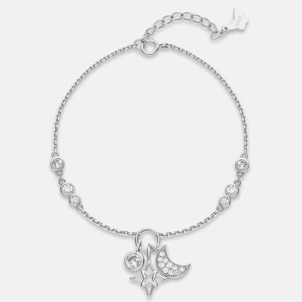 ANMIYA Factory Wholesale 925 Sterling Silver Moon and Star Zircon Hand Chain Bracelets for Women Jewelry