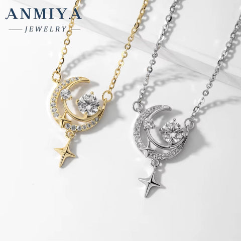 Fashion Waterproof Jewelry 18K Gold Plated 925 Silver Moon and Star Necklaces for Women