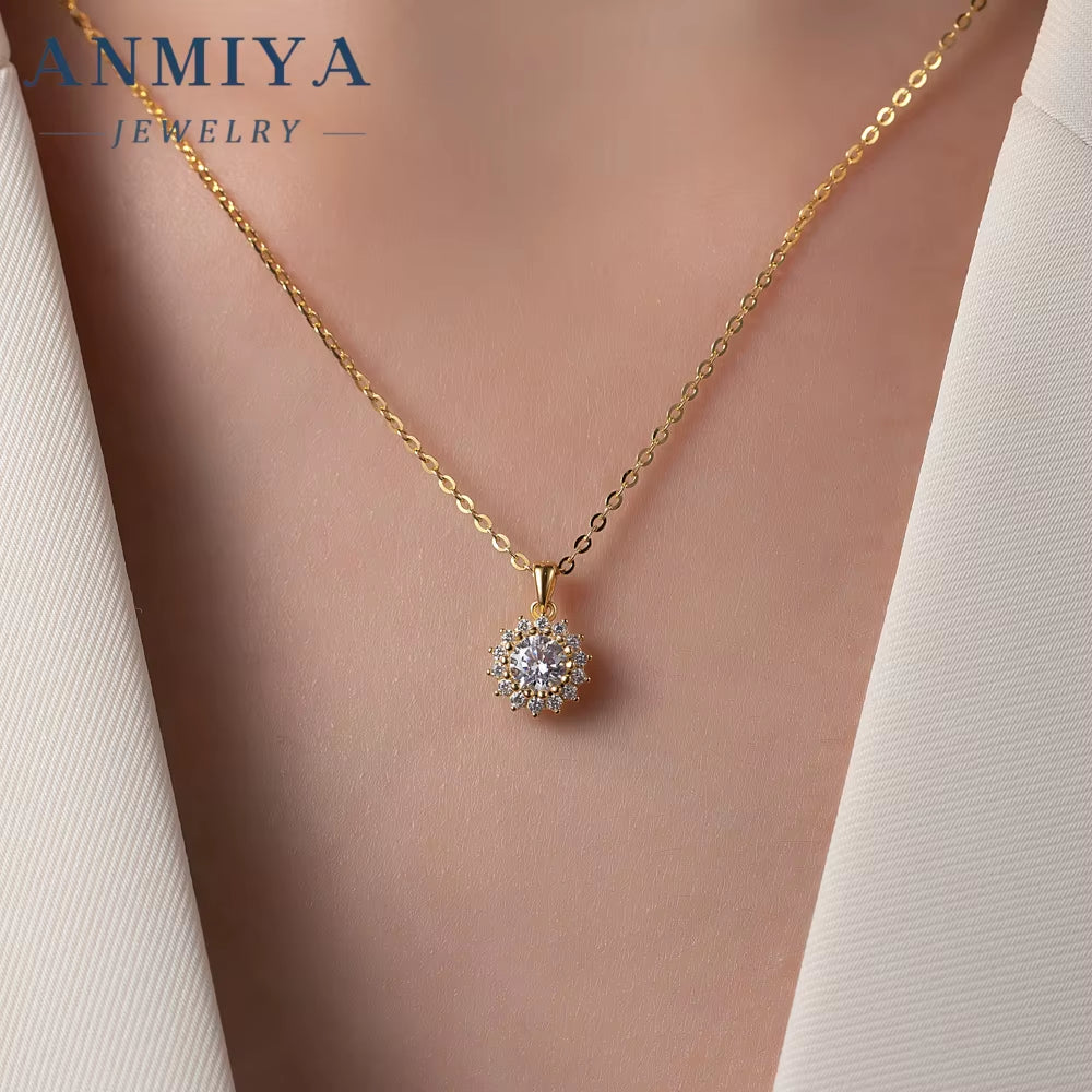 ANMIYA Best Selling Fashionable Shiny round Zircon 925 Silver Accessory Jewelry Sterling 925 Necklace Earrings Set for Women