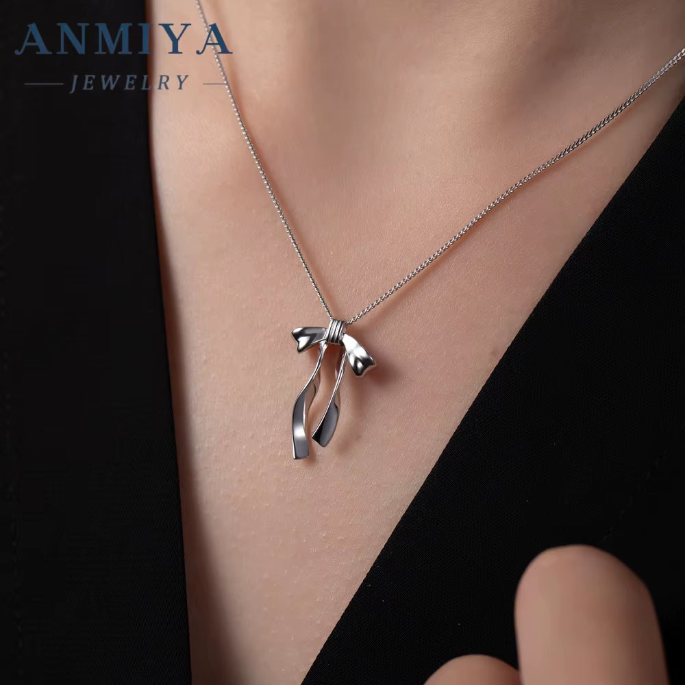 ANMIYA Simple Fashionable 925 Silver Necklace with Zirconia Sweet and Lovely Girl'S Bow Necklace