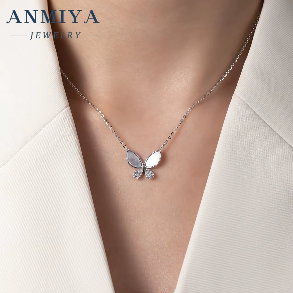 ANMIYA White Shell Butterfly Pattern Fine Jewelry Crafted 925 Sterling Silver Necklaces for Women