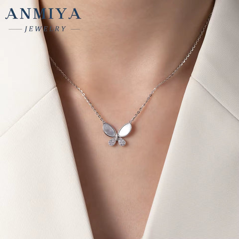 ANMIYA White Shell Butterfly Pattern Fine Jewelry Crafted 925 Sterling Silver Necklaces for Women
