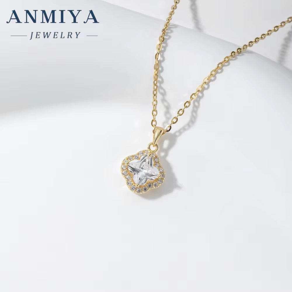ANMIYA CUSTOM OEM Fine Jewelry Zircon 925 Sterling Silver Four Leaf Clover Flower Romantic Pendant Women Necklaces