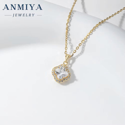 ANMIYA CUSTOM OEM Fine Jewelry Zircon 925 Sterling Silver Four Leaf Clover Flower Romantic Pendant Women Necklaces