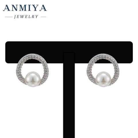 ANMIYA Luxury Hollow Out Large Cz Pearl Plated 925 Silver Needle Stud Earrings for Women