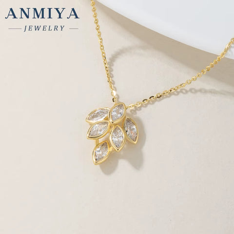 ANMIYA Custom Wholesale Fashion Ladies Necklace Earring Sets Rhinestone Long Leaf Gold Jewelry Set for Women