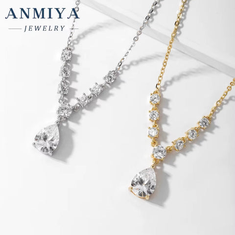 ANMIYA Latest Design Fancy Diamond Pear Cut Pendant Necklace Jewelry 18K Gold Plated Zircon Necklace for Wholesale
