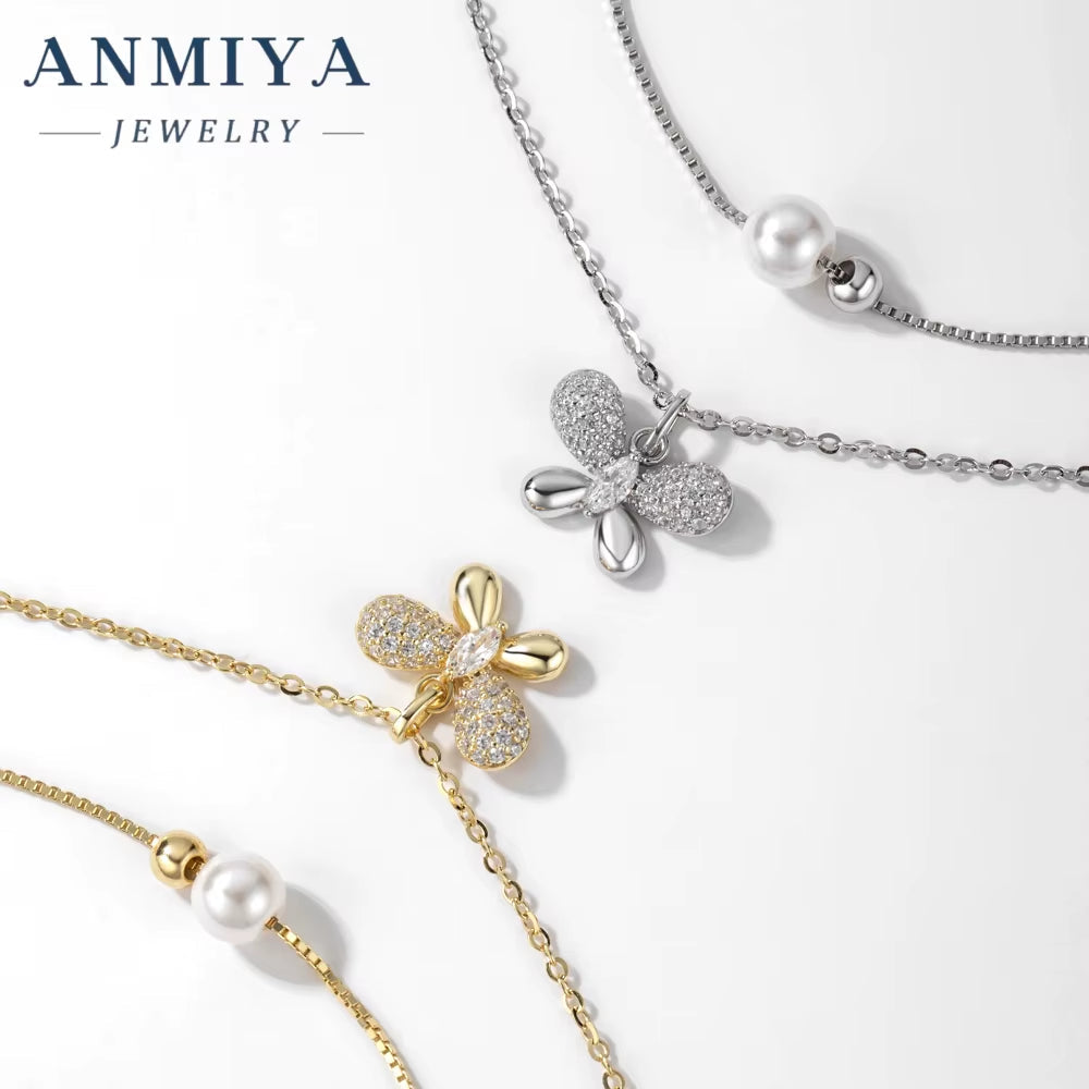 ANMIYA Women Multi-Layered Pearl Butterfly Zircon 925 Sterling Silver Valentine'S Day Charm Necklace for Women