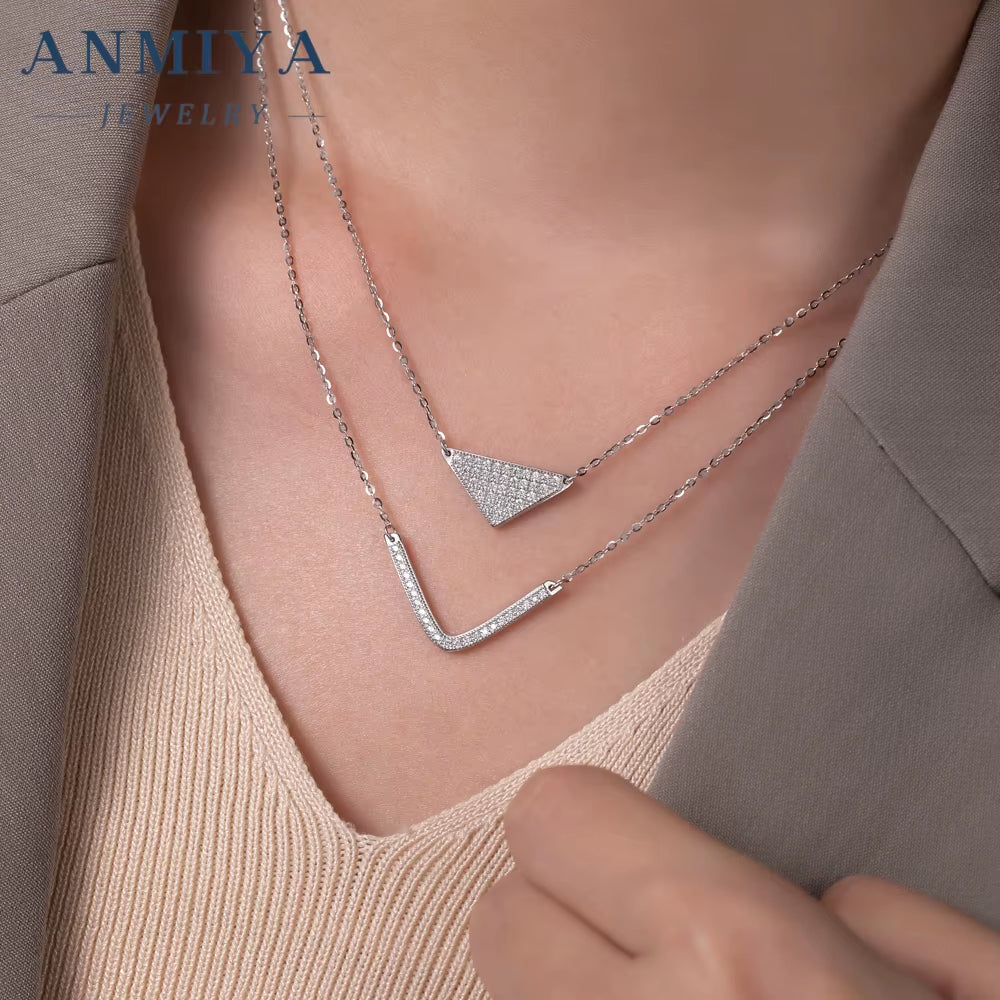 ANMIYA 925 Silver Certificate Bridal Layered Necklace Inoxidable Stereoscopic Fully-Jewelled Zircon Geometric Cute Gifts
