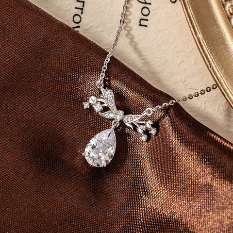 ANMIYA Jewelry S925 Silver Water Drop round Zircon Necklace Women'S Bow Pendant Full Diamond High End Light Luxury Jewelry