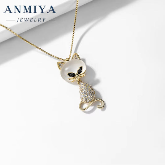 ANMIYA New Design 18K Gold Plated Cat Shape Diamond Zircon Necklace Jewelry Chain for Women Real Gold