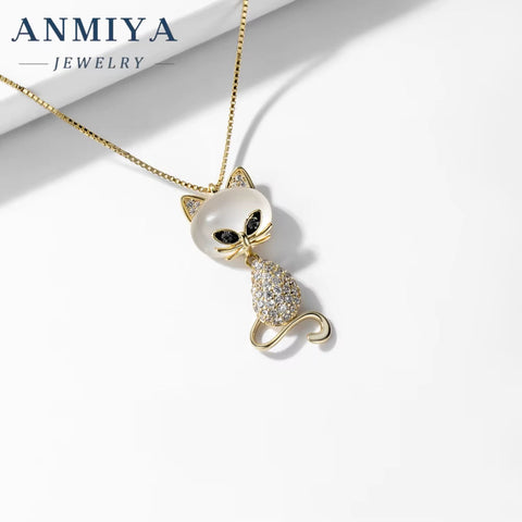 ANMIYA New Design 18K Gold Plated Cat Shape Diamond Zircon Necklace Jewelry Chain for Women Real Gold