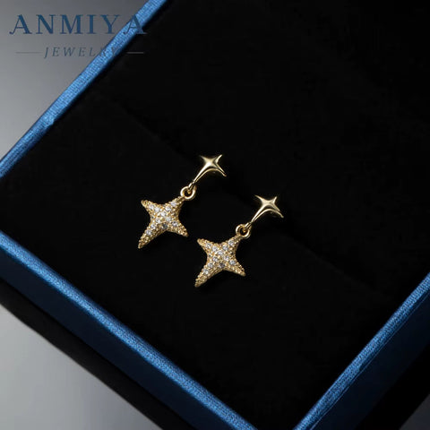 ANMIYA 925 Sterling Silver Fashion Minimalist Star Drop Inlaid 18K Gold Plated Zircon Women Stud Earrings