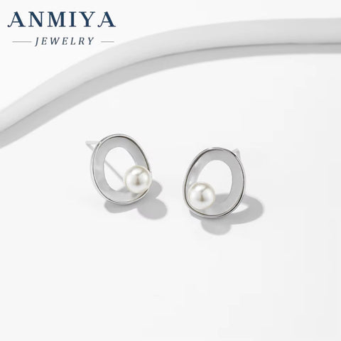 ANMIYA Classic Vintage Fashion Fresh Water Pearls Earrings Plated 925 Silver Needle Stud Earrings for Women
