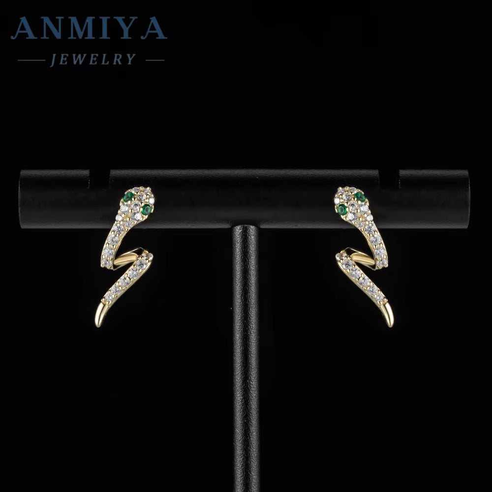 New Fashion Real Gold Plating Green Eyes Snake Shape 18K Gold 925 Sterling Silver Stud Earrings Punk Women Earrings