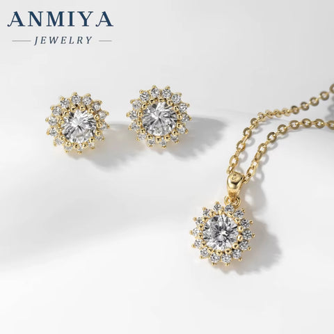 ANMIYA Best Selling Fashionable Shiny round Zircon 925 Silver Accessory Jewelry Sterling 925 Necklace Earrings Set for Women