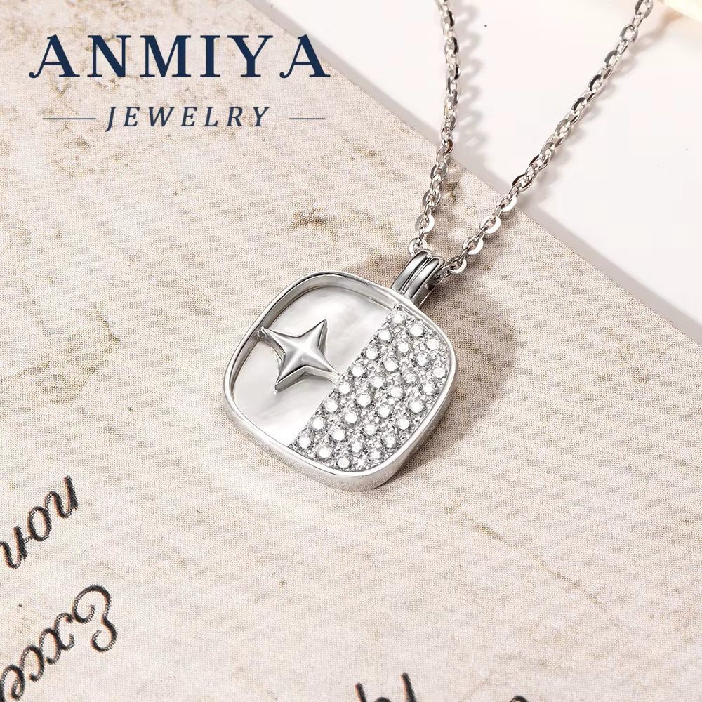 ANMIYA 925 Sterling Silver Minimalist Elegant Necklace Zircon White Shell Square Geometric Design Inoxidable Wedding