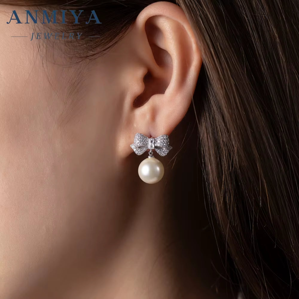 Wholesale Hypoallergenic Pearl Diamond Bow Dangle Shape Drop 925 Silver Plated Bow Earrings for Women
