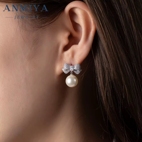 Wholesale Hypoallergenic Pearl Diamond Bow Dangle Shape Drop 925 Silver Plated Bow Earrings for Women