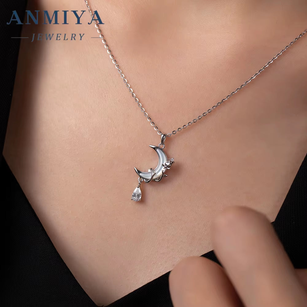 Unisex 925 Sterling Silver Moon Pendant Necklace Fashionable Zircon Star Gold JEWELRY Main Elegant Crescent Necklace