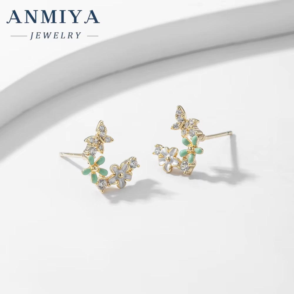 ANMIY Fine Designer Brand Fashion Butterfly Flower Shape Stud Earrings 925 Silver for Girl