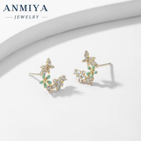 ANMIY Fine Designer Brand Fashion Butterfly Flower Shape Stud Earrings 925 Silver for Girl
