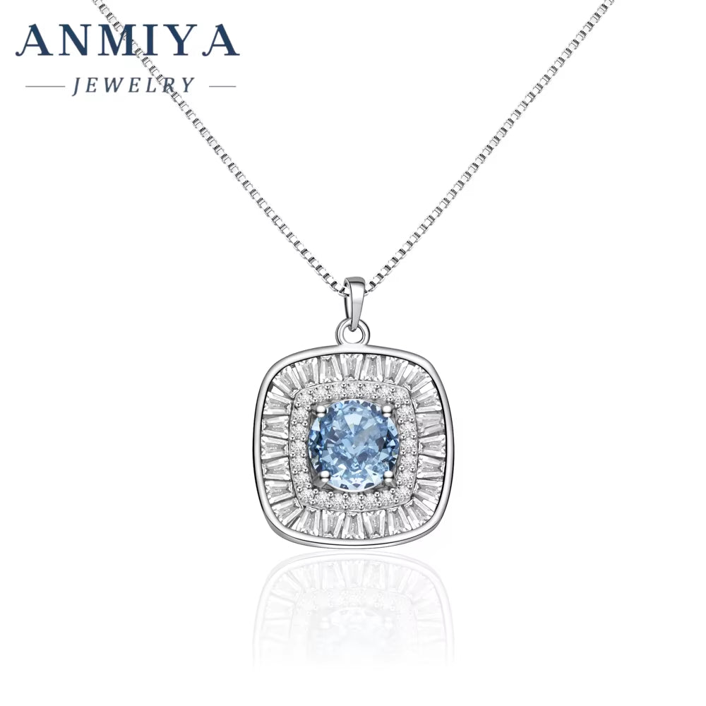 Luxury 925 Silver round Brilliant Cut Zircon Diamond Sapphire Square Necklace Jewelry for Women