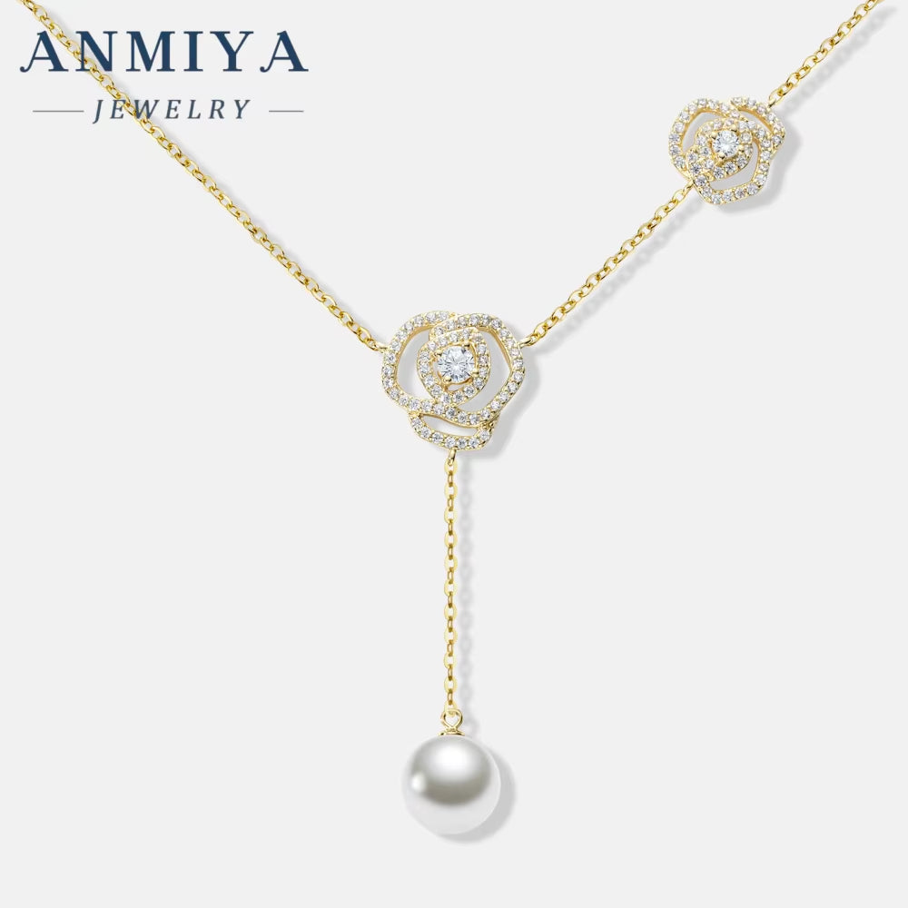 ANMIYA 18K Gold Plated Minimalist New Design Rose Flower Pendant Charm 925 Silver Cute Zircon Pearl Necklace Wedding Gift