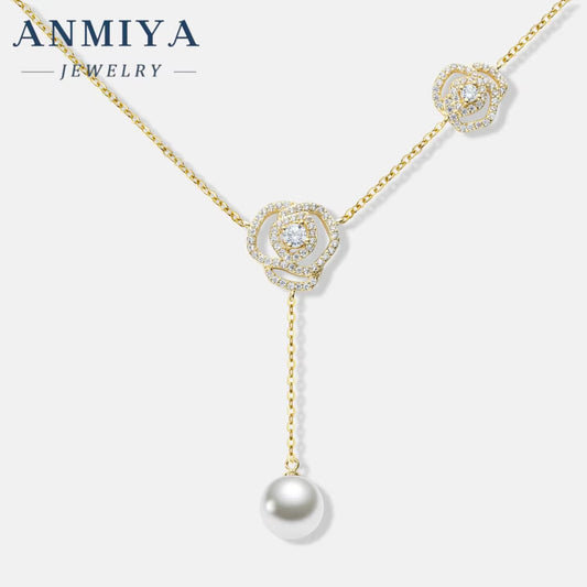 ANMIYA 18K Gold Plated Minimalist New Design Rose Flower Pendant Charm 925 Silver Cute Zircon Pearl Necklace Wedding Gift