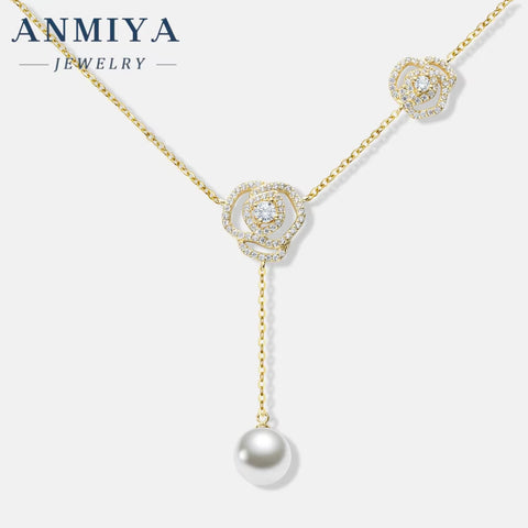 ANMIYA 18K Gold Plated Minimalist New Design Rose Flower Pendant Charm 925 Silver Cute Zircon Pearl Necklace Wedding Gift