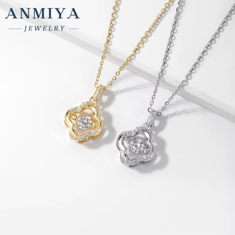 925 Sterling Silver 18K Gold Plated Cubic Zirconia CZ Pearl Four-Leaf Clover Hollow Out Necklace for Women Fashion Jewelry