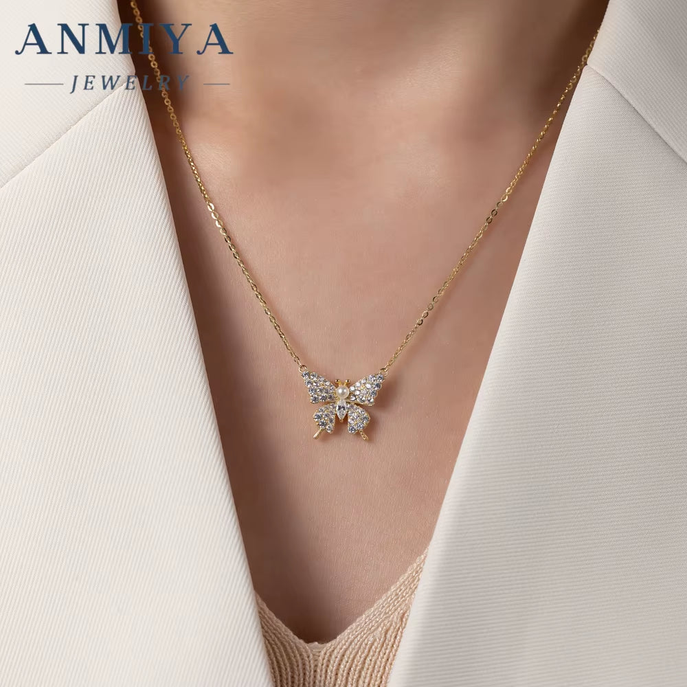 ANMIYA Necklace Golden Plating Fashion Women Jewelry 925 Sterling Silver Butterfly Necklace