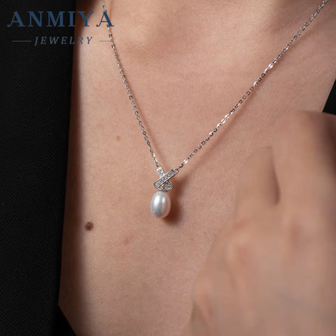 ANMIYA Crafted 925 Sterling Silver Designer Minimalist Fresh Water Pearl Zircon X Shape Fashion Pendent Necklace