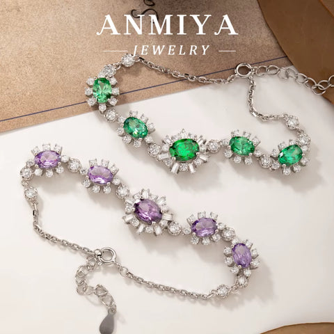 ANMIYA Women Gift 925 Sterling Silver Classic Purple Green Blue White Zircon Bracelet Bangles