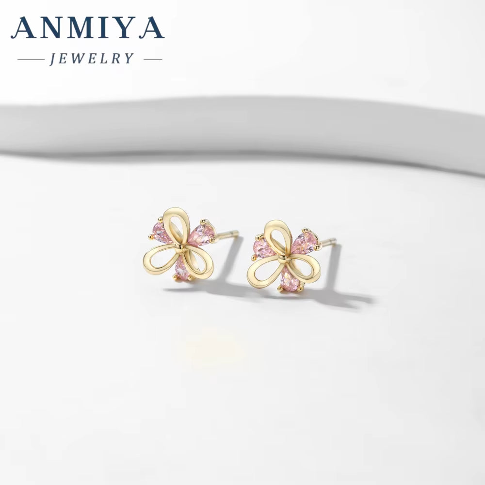 ANMIYA Elegant New Tide Pink Pear Ice Cut Diamond Zircon 925 Silver Earrings for Women