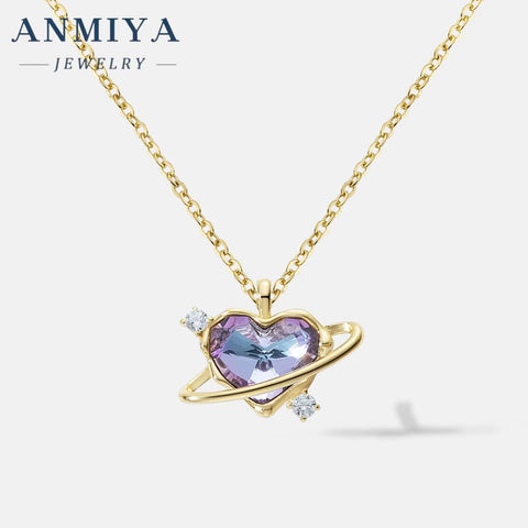 High Quality Fashion Jewelry Factory Shiny Temperament Purple Heart-Shaped Planet 925 Silver Needle Zircon Necklace