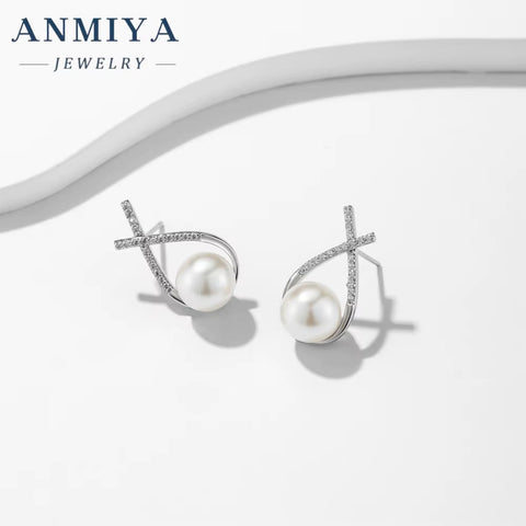 ANMIYA Customized 925 Sterling Silver Water Drop Cubic Zirconia Pearl Stud Earrings