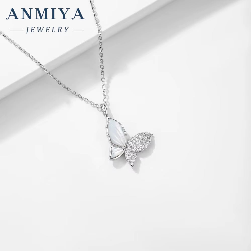 ANMIYA S925 Sterling Silver Zircon Butterfly Pendant Necklaces Jewelry for Women Gift