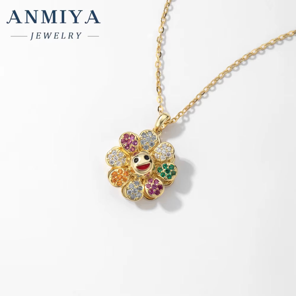 Takashi Murakami Diamond-Encrusted Sun Flower Pendant 925 Silver Necklace Trendy Men'S Hip Hop Glitter Pink Rotatable Collars