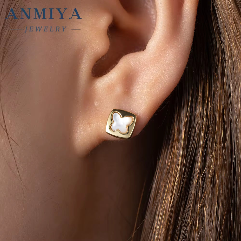 ANMIYA Square Butterfly Shape 18K Gold Plated Shell Jewelry Fashion Stud Earrings