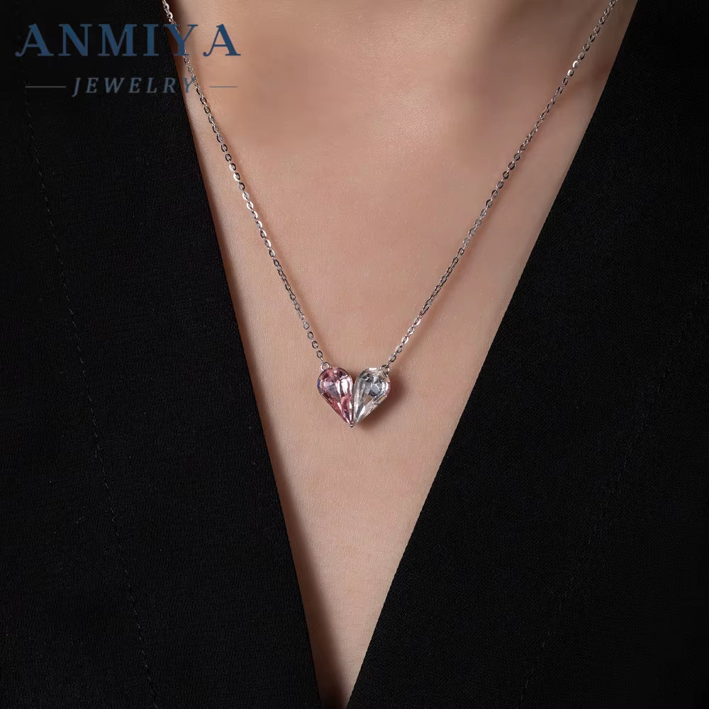 Original Design Silver Plated Necklace S925 Sterling Silver Pendant Necklace Pink Heart Crystal Necklace for Women Girls