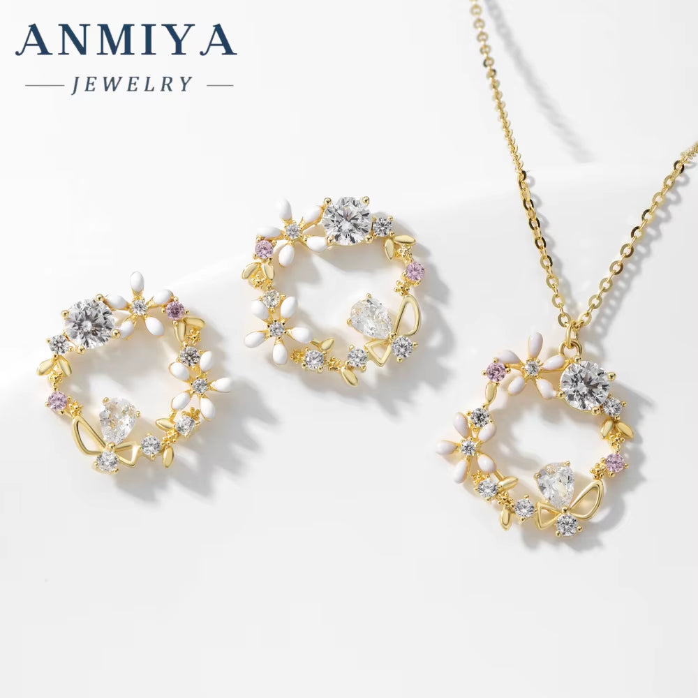 ANMIYA Best Selling Wholesale Flower and Zircon Garland Shape Zirconia 925 Silver Necklace Earrings Set for Women