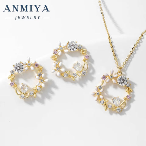 ANMIYA Best Selling Wholesale Flower and Zircon Garland Shape Zirconia 925 Silver Necklace Earrings Set for Women