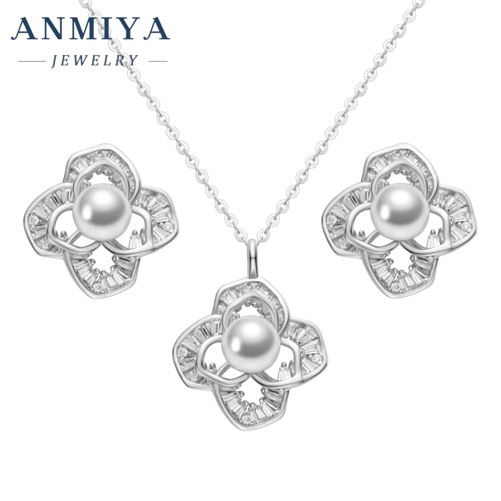 Topsale Fine Pearl 18K Gold Plated Flower Necklace and Earring Jewelry High Quality 925 Sterling Silver Gift Set